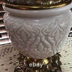 Impressive Antique 1890's White 26 1/2 Brass Oil Lamp With Wick & Shade
