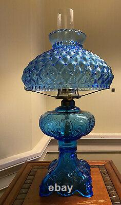 Incredible Large Antique Glass Blue Oil Lamp With Quilted shade Stunning