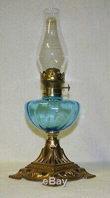 Internally Ribbed Turquoise Blue Font Fount On Cast Iron Base Kerosene Oil Lamp