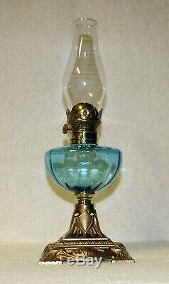 Internally Ribbed Turquoise Blue Font Fount On Cast Iron Base Kerosene Oil Lamp