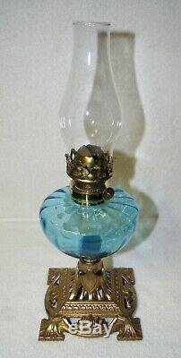 Internally Ribbed Turquoise Blue Font Fount On Cast Iron Base Kerosene Oil Lamp