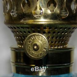 Internally Ribbed Turquoise Blue Font Fount On Cast Iron Base Kerosene Oil Lamp