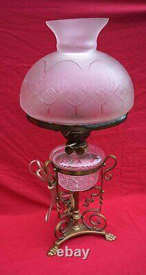 J HINKS & Sons Phoenix Desk Table Oil Lamp Frosted Cut Glass Early 20th C