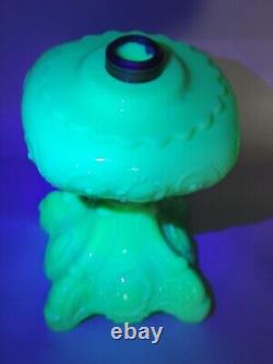 Jadeite Green Uranium Glass PRINCESS FEATHER Oil Lamp 1890s Massive Sewing Lamp