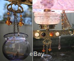 Jeweled Antique Kerosene Oil LAMP Bradley Hubbard Chandelier brass Glass Cranber