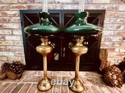 John Scott, 2 Brass Green Glass Shade Kerosene Oil Lamp Mfg England Vintage, Ltd