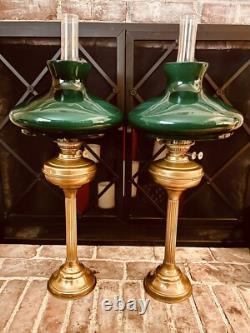 John Scott, 2 Brass Green Glass Shade Kerosene Oil Lamp Mfg England Vintage, Ltd
