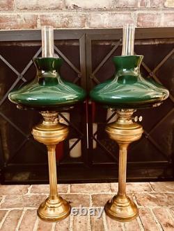 John Scott, 2 Brass Green Glass Shade Kerosene Oil Lamp Mfg England Vintage, Ltd