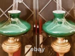John Scott, 2 Brass Green Glass Shade Kerosene Oil Lamp Mfg England Vintage, Ltd