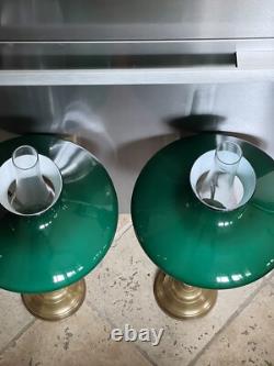 John Scott, 2 Brass Green Glass Shade Kerosene Oil Lamp Mfg England Vintage, Ltd