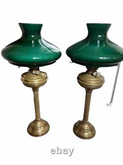 John Scott, 2 Brass Green Glass Shade Kerosene Oil Lamp Mfg England Vintage, Ltd