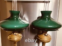 John Scott, 2 Brass Green Glass Shade Kerosene Oil Lamp Mfg England Vintage, Ltd