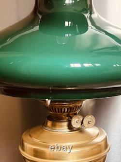 John Scott, 2 Brass Green Glass Shade Kerosene Oil Lamp Mfg England Vintage, Ltd