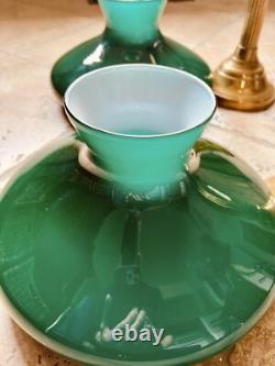 John Scott, 2 Brass Green Glass Shade Kerosene Oil Lamp Mfg England Vintage, Ltd