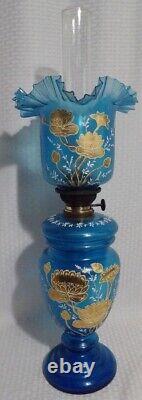 KOSMOS BRENNER COLBALT BLUE GLASS with HEAVY GOLD FLOWERS PAINTED OIL TABLE LAMP