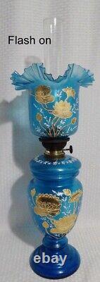 KOSMOS BRENNER COLBALT BLUE GLASS with HEAVY GOLD FLOWERS PAINTED OIL TABLE LAMP