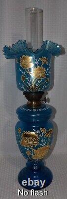 KOSMOS BRENNER COLBALT BLUE GLASS with HEAVY GOLD FLOWERS PAINTED OIL TABLE LAMP