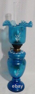 KOSMOS BRENNER COLBALT BLUE GLASS with HEAVY GOLD FLOWERS PAINTED OIL TABLE LAMP