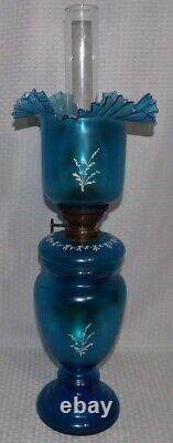 KOSMOS BRENNER COLBALT BLUE GLASS with HEAVY GOLD FLOWERS PAINTED OIL TABLE LAMP