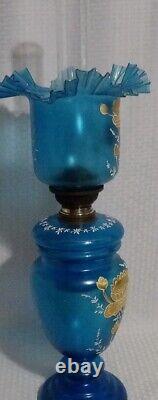 KOSMOS BRENNER COLBALT BLUE GLASS with HEAVY GOLD FLOWERS PAINTED OIL TABLE LAMP