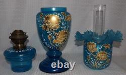 KOSMOS BRENNER COLBALT BLUE GLASS with HEAVY GOLD FLOWERS PAINTED OIL TABLE LAMP