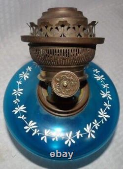 KOSMOS BRENNER COLBALT BLUE GLASS with HEAVY GOLD FLOWERS PAINTED OIL TABLE LAMP