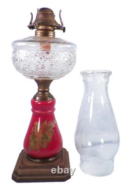 Kerosene Oil Lamp Composite Daisy & Button Red Glass Cast Iron Antique A Beauty