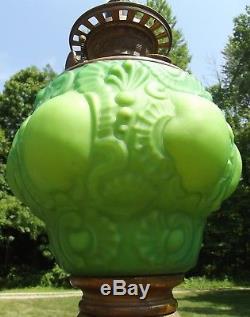 LARGE ANTIQUE LAMP solid brass GREEN SLAG oil lamp conversion 1800's INCREDIBLE
