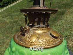 LARGE ANTIQUE LAMP solid brass GREEN SLAG oil lamp conversion 1800's INCREDIBLE