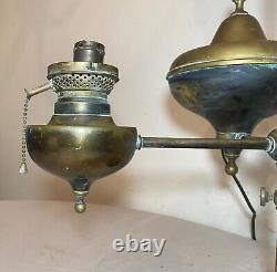 LARGE Antique 19th century electrified two arm brass oil student adjustable lamp