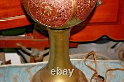 LARGE Antique B&H Brass Chinese Asian Converted Oil Lamp Symbols Bradley Hubbard