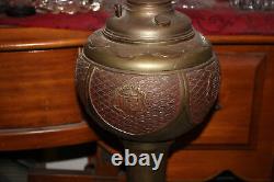 LARGE Antique B&H Brass Chinese Asian Converted Oil Lamp Symbols Bradley Hubbard