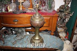 LARGE Antique B&H Brass Chinese Asian Converted Oil Lamp Symbols Bradley Hubbard