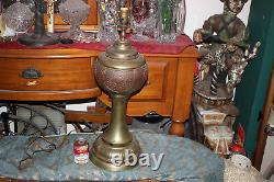 LARGE Antique B&H Brass Chinese Asian Converted Oil Lamp Symbols Bradley Hubbard