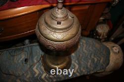 LARGE Antique B&H Brass Chinese Asian Converted Oil Lamp Symbols Bradley Hubbard