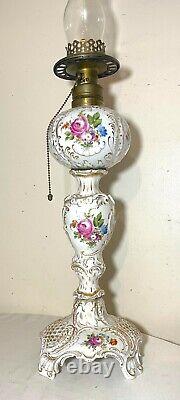 LARGE antique Meissen hand painted gilded ornate porcelain electrified oil lamp