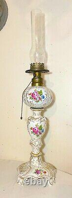 LARGE antique Meissen hand painted gilded ornate porcelain electrified oil lamp