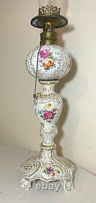 LARGE antique Meissen hand painted gilded ornate porcelain electrified oil lamp