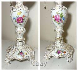 LARGE antique Meissen hand painted gilded ornate porcelain electrified oil lamp