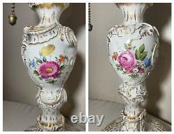 LARGE antique Meissen hand painted gilded ornate porcelain electrified oil lamp