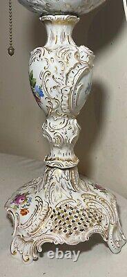 LARGE antique Meissen hand painted gilded ornate porcelain electrified oil lamp