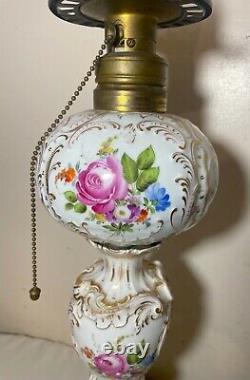 LARGE antique Meissen hand painted gilded ornate porcelain electrified oil lamp