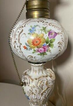 LARGE antique Meissen hand painted gilded ornate porcelain electrified oil lamp