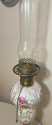 LARGE antique Meissen hand painted gilded ornate porcelain electrified oil lamp