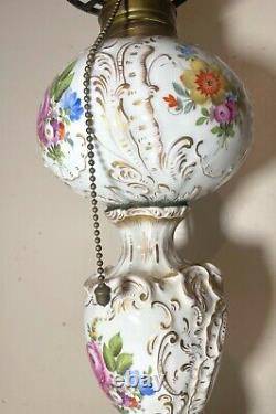 LARGE antique Meissen hand painted gilded ornate porcelain electrified oil lamp