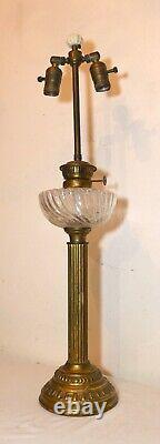 LARGE antique ornate 1800's brass ribbed glass electrified oil table parlor lamp