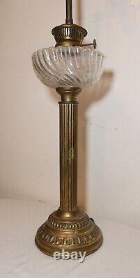 LARGE antique ornate 1800's brass ribbed glass electrified oil table parlor lamp