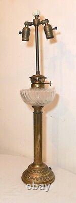 LARGE antique ornate 1800's brass ribbed glass electrified oil table parlor lamp