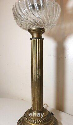 LARGE antique ornate 1800's brass ribbed glass electrified oil table parlor lamp