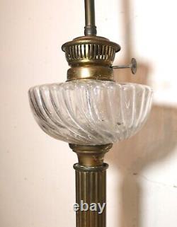 LARGE antique ornate 1800's brass ribbed glass electrified oil table parlor lamp